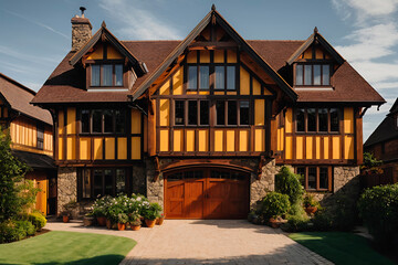 Close-up of a beautiful tudor style house with paving stones surrounded by shrubs and flowers. The house has a brown and yellow color scheme, wood beams and stone details. - obrazy, fototapety, plakaty