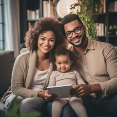 Happy young multi ethnic diverse parents, having fun, using digital tablet computer holding cute little mixed race baby child sitting on couch in modern cozy living room at home together.