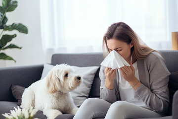 Pet Allergy, Allergic Woman with White Fluffy Dog, Sneezing Girl, Allergy Rhinitis, Respiratory Sickness - obrazy, fototapety, plakaty