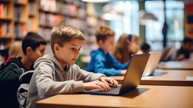Kids study with laptops in school or library on wooden table, generative AI.