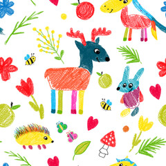 pattern with hand-drawn forest animals on a white background. deer, hare, horse, hedgehog, butterflies, bee. Apples, mushrooms flowers. Kid's drawings using pencil technique. Isolated. For textiles