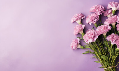 Fototapeta na wymiar Purple carnations elegantly arranged against a rich purple backdrop.