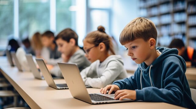 Kids using laptops in school or library on wooden table, generative AI.