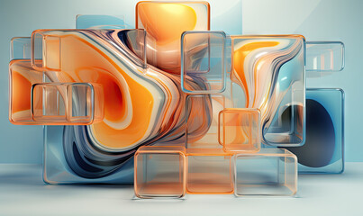 Dynamic interplay of 3D liquid forms in vibrant hues. Abstract composition.