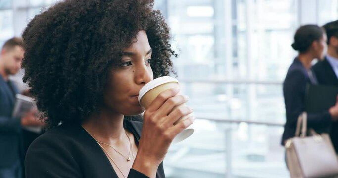 Coffee, woman or drinking at conference, business or convention for break, relax or thinking. Professional, black person or employee with tea in a modern office, building or corporate seminar meeting