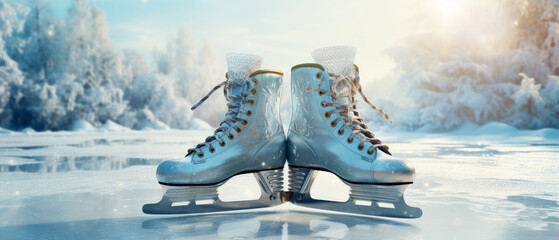 Close up of figure skates. Winter sport leisure. Ornamental ice skates icons. Decorative winter illustration. Generative ai - obrazy, fototapety, plakaty