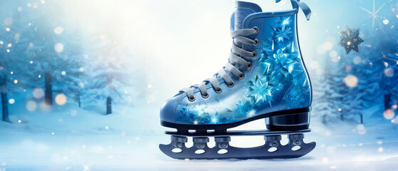 Close up of figure skates. Winter sport leisure. Ornamental ice skates icons. Decorative winter illustration. Generative ai - obrazy, fototapety, plakaty