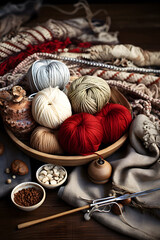 Knitting needles, woolen threads, yarn balls on a wooden background