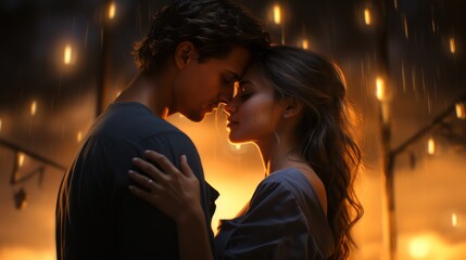 Fototapeta premium Romantic couple's embrace on valentine's day under ambient lights