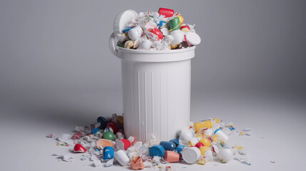 Overflowing Trash Bin: A Call to Action Against Plastic Pollution White Background AI