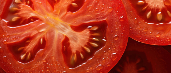 A striking macro capture of a sliced tomato's.