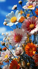 A beautiful, sun-drenched spring summer meadow. Natural colorful panoramic landscape with many wild flowers of daisies against blue sky. Floral flower illustration. Generative AI
