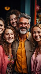 Collage of cheerful excited glad optimistic crowd of different human have toothy beaming smile wear casual clothes over background. Model portrait illustration. Generative AI