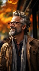 Fototapeta premium Middle age grey-haired man smiling happy walking at street of city. Smile emotion illustration. Generative AI