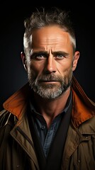 Obraz premium Serious middle-aged man with folded arms and a deadpan expression posing in front of background. Man portrait illustration. Generative AI