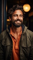 Smiling bearded young male model rejoices coming weekends, dressed casually, over background. Positive pleased student being in good mood. Smile emotion illustration. Generative AI art