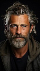 Fototapeta premium Portrait of beautiful mature blonde bearded guy with trendy hairdo in casual grey shirt smiling and looking in camera. Model portrait illustration. Generative AI