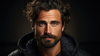 Obraz premium Isolated shot of young handsome male with beard, mustache and trendy hairdo, wears casual grey sweater, has serious expression as listens to interlocutor. Man portrait illustration. Generative AI