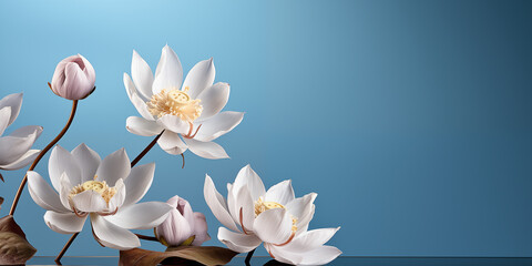 Fototapeta na wymiar Lotus Blüte weiß im wunderschönen Licht und blauen Hintergrund im Querformat für Banner, ai generativ