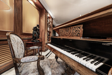 Beautiful varnished wooden grand piano in a living room with saturated decoration, lots of wood on...
