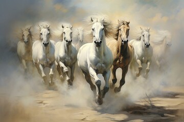 Paintings showcasing seven distinctive horses. Generative AI - obrazy, fototapety, plakaty