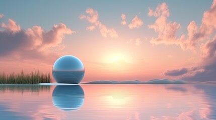 3d render Surreal landscape with light sphere and sunset sky. Modern minimal abstract background. Lake and grass
