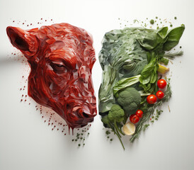 The image depicts people eating meat and vegetables. There are vegetables and meat arranged in the shape of a human face, divided into two sides.