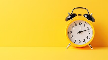 A Collection Of Colorful Alarm Clocks In Retro and Vintage Style On A Bright Yellow Background. The concept of the speed and rapidity of Time and the Flow of Life. Banner. Copy space.

