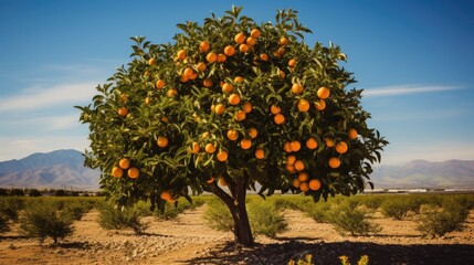Fototapeta na wymiar A fully fruited Orange tree being harvested in a barren Southern California desert landscape. 