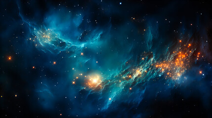 Dramatic landscape of an unknown planet, with high stone mountains, cosmic clouds, smoke, and fire. Dark blue coloring.