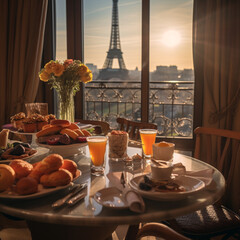 breakfast with views of the eiffel tower - obrazy, fototapety, plakaty