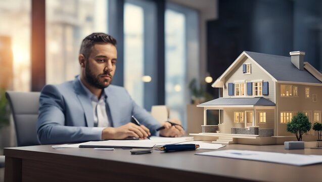 House model on the table. Man with pen sitting at bank office on background