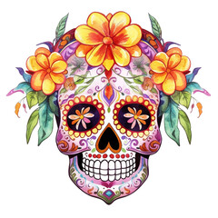 Day of the dead floral skull. Watercolor illustration created with Generative Ai technology