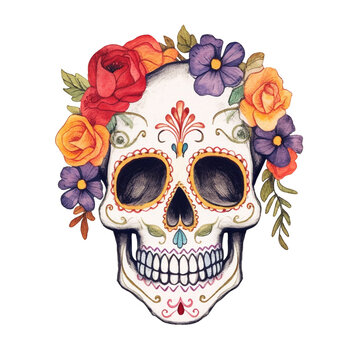 Skull in floral crown. Watercolor illustration created with Generative Ai technology
