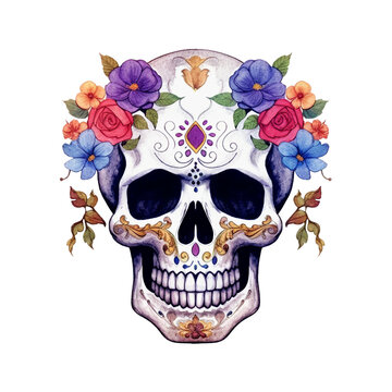 Skull with flowers. Watercolor illustration created with Generative Ai technology