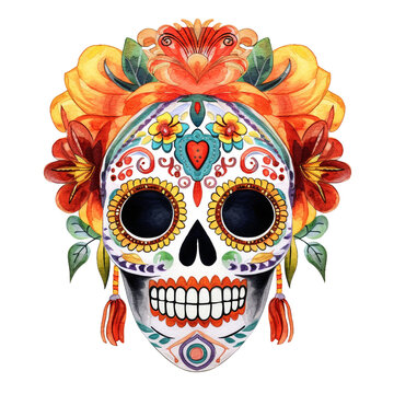 Day of the dead floral skull. Watercolor illustration created with Generative Ai technology