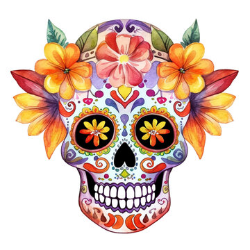 Day of the dead floral skull. Watercolor illustration created with Generative Ai technology