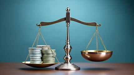 analog clock and ball of US paper currency equally balanced on seesaw weight scale on blue surface and background. Balancing time and money
