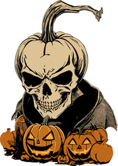 Scary happy halloween skull pumpkin vintage illustration tshirt designs vector