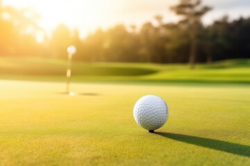 Golf ball near hole at sunset course