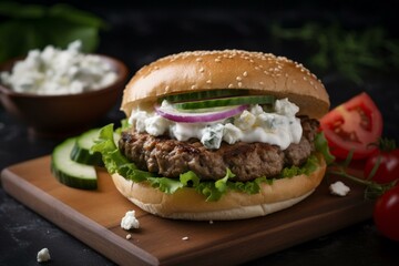 Savory burger topped with Greek tzatziki sauce and tender gyro meat. Generative AI