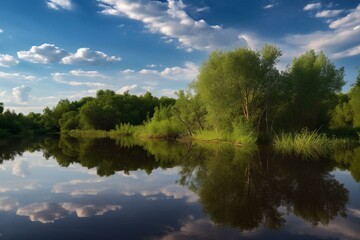 Simplistic inhabitant of river, reflective sky, remarkable land celebrates distinct aquatic wonders. Generative AI