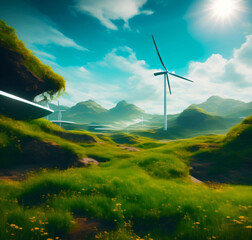 Windrad in idyllischer Landschaft mit grüner Wiese, blauem Himmel und Sonnenschein