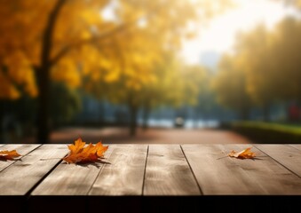 Naklejka na ściany i meble The empty wood wooden table top with blur background of autumn for display product.