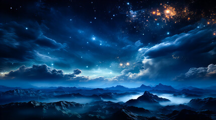 Dramatic landscape of an unknown planet, with high stone mountains, cosmic clouds, smoke, and fire. Dark blue coloring.