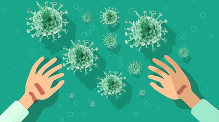 Conceptual paper illustration of human hands and coronavirus in a lab. Flat lay top-down composition on green background.