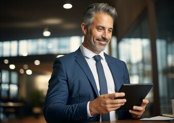 Handsome happy middle aged business man, ceo wearing suit standing in office using digital tablet. Smiling mature businessman looking away thinking working on tech device