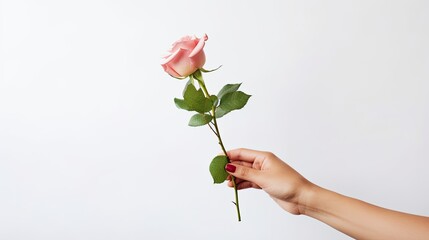 Cropped hand holding rose against white background