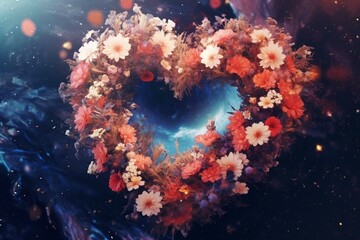 Fototapeta na wymiar Artistic depiction of a heart-shaped galaxy surrounded by flowers. Ideal valentine's day concept. Generative AI