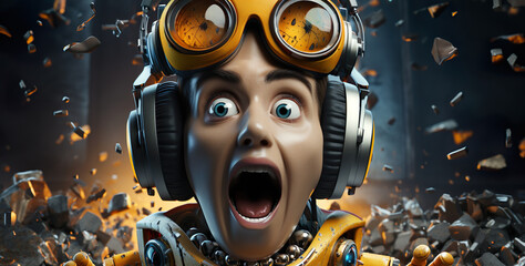 The Surprised Face Of A Girl In A Robot Costume.  Illustration On The Theme Of 3D, Comics, Fantasy And Computer Games. Generative AI - obrazy, fototapety, plakaty